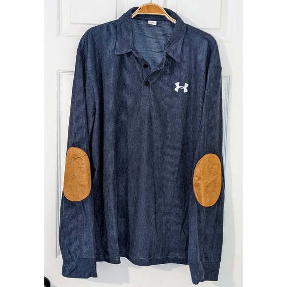 Under Armour Blue Polo Shirt‎ Long Sleeve Corduroy Elbow Patch Athletic Large - Picture 1 of 8